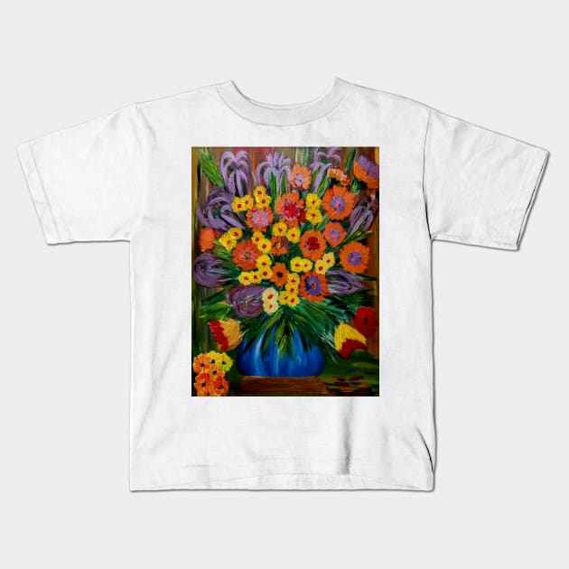 Some abstract vibrant colorful flowers in a glass vase with gold base accent Kids T-Shirt by kkartwork